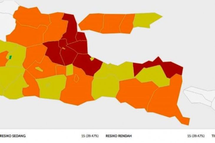 Peta sebaran COVID-19 yang disampaikan Gugus Tugas Percepatan Penanganan COVID-19 Jatim berdasarkan zona di wilayah Jawa Timur seperti yang ditampilkan dari laman BLC Gugus Tugas Pusat. (Foto: Gugus Tugas Jatim)