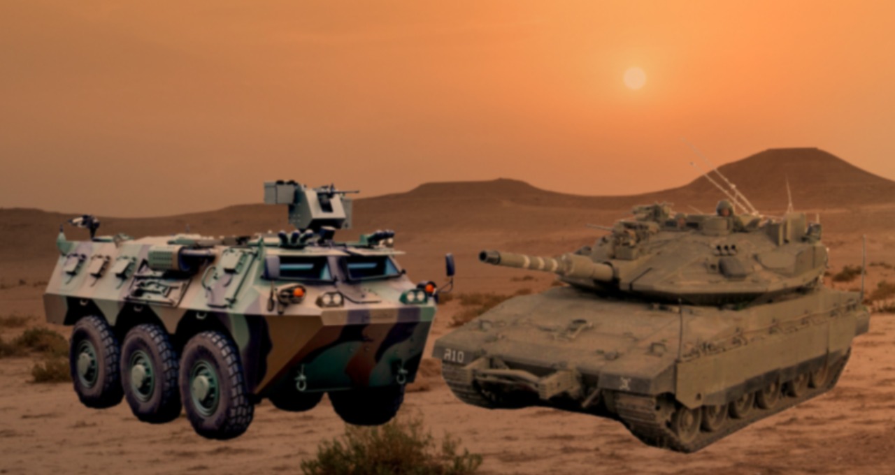 Ilustrasi Panser Anoa buatan PT. Pindad versus Tank Merkava buatan milik Israel. (Ilustrasi: Fa Vidhi/Ngopibareng.id)