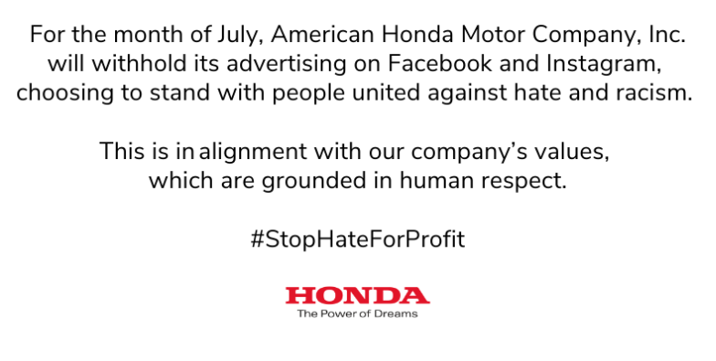 Pengumuman Honda di akun Twitter soal boikot Facebook bersama 120 perusahaan lainnya di Amerika Serikat. (Foto: Twitter)