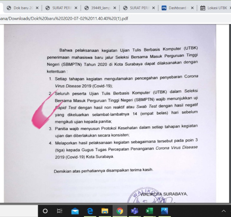 Surat Pemkot terkait prosedur ujian tulis berbasis komputer SBMPTN di Surabaya. (Foto: Tangkapan Layar)