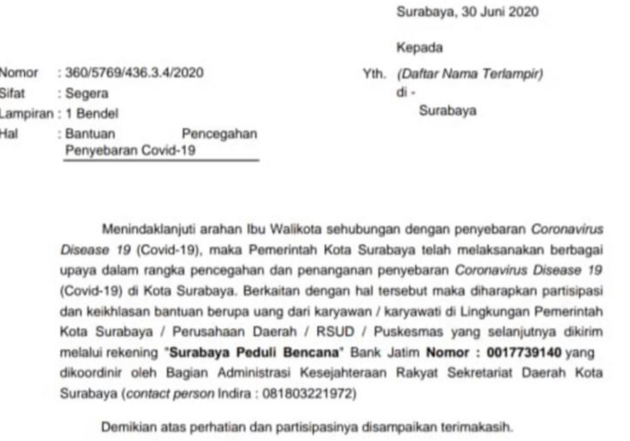 SE yang dikeluarkan Pemkot Surabaya, perihal permintaan sumbangan kepada para ASN (Tangkapan layar Whatsapp) 
