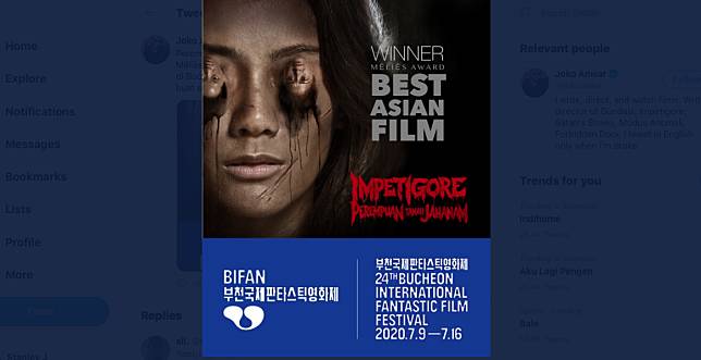Film Indonesia Perempuan Tanah Jahanam keluar sebagai pemenang di Bucheon Fantastic Film Festival 2020, Korea Selatan. (Foto: Bucheon Fantastic Film Festival 2020)