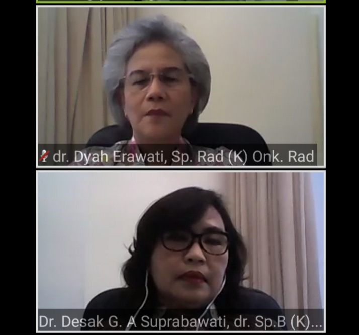Dr.dr. Desak G.A. Suprabawati,SpB(K)Onk, dr.Dyah Erawati,SpRad(K)Onk.Rad saat melakukan webinar. (Foto: screenshot webinar AHCC) 
