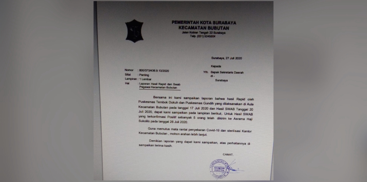 Surat dari Kecamatan Bubutan yang ditujukkan kepada Sekda Surabaya (istimewa)