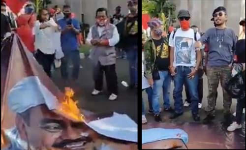 Sekelompok orang menggelar aksi dengan membakar  poster bergambar  Habib Rizieq Shihab, di depan Gedung DPR-MPR, Senayan, Jakarta, hari Senin 27 Juli lalu. (Foto:Youtube)