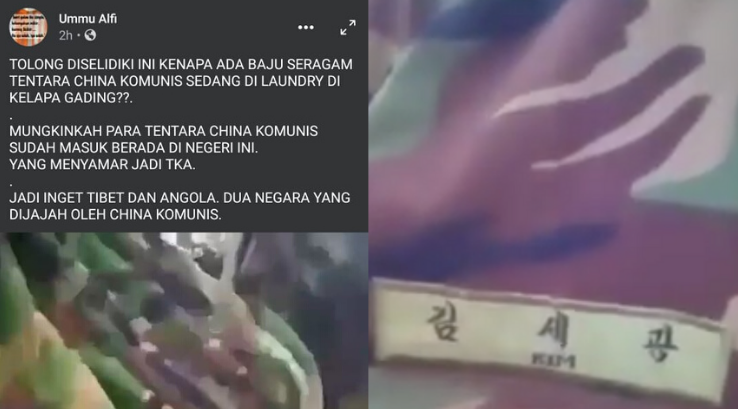 Potongan gambar dari video laudry seragam tentara China di kawasan Kelapa Gading, Jakarta Utara. (Foto: Twitter)