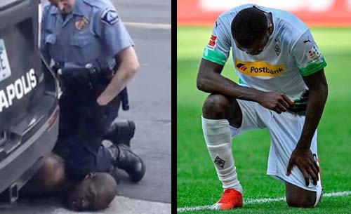 George Floyd tewas di lutut polisi Minneapolis 25 Mei lalu (kiri), dan pemain bola berlutut untuk menghormatinya. (Foto:Reuters/Ngopibareng)
