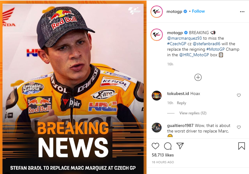 Stefan Bradl resmi gantikan Marc Marquez di MotoGP Ceko 2020. (Foto: Twitter @motogp)