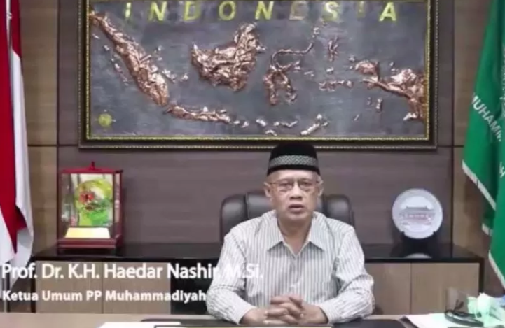 Ketua umum Pimpinan Pusat Muhammadiyyah Prof. Dr. KH. Haedar Nashir, M.Si, saat webinar Milad MUI ke-45. (Foto: Dok. Muhammadiyah)