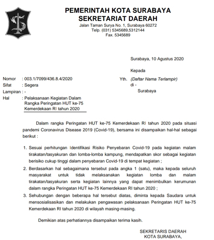 Surat Edaran Pemerintah Kota Surabaya. (Foto: Dok. Pemkot Surabaya)