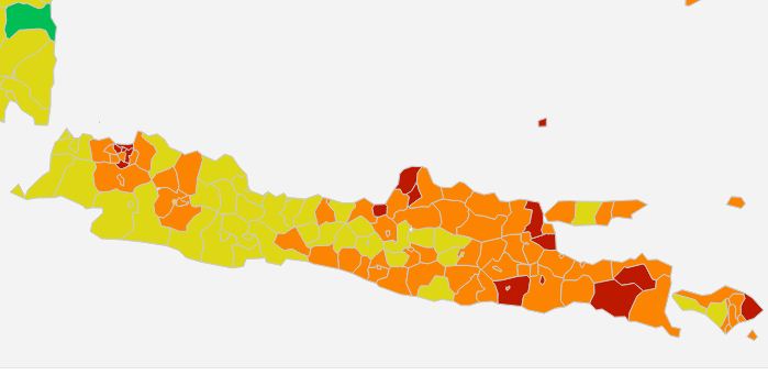 Wilayah Jawa Timur dalam peta covi19.go.id. Surabaya berubah warna jadi zona orange. (Tangkapan layar covid19.go.id)