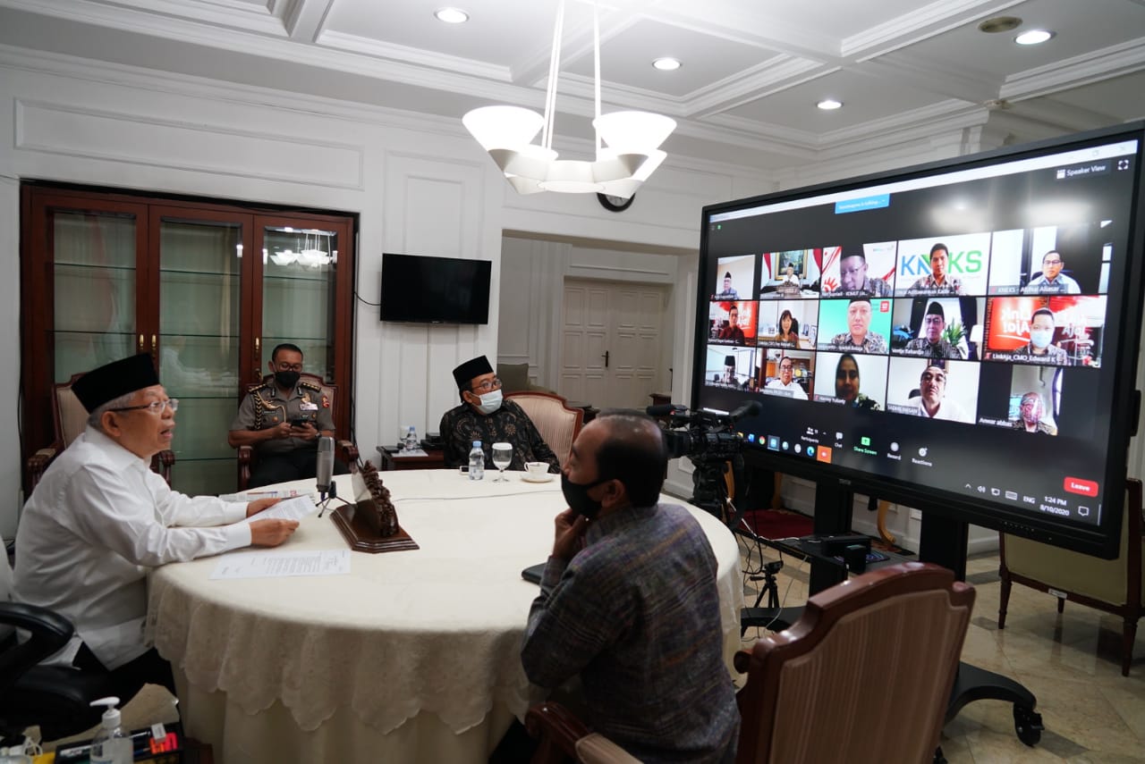 Wapres Ma'ruf Amin saat menerima audiensi secara virtual Komisaris Utama PT Fintek Karya Nusantara/LinkAja. (Foto: Setwapres)