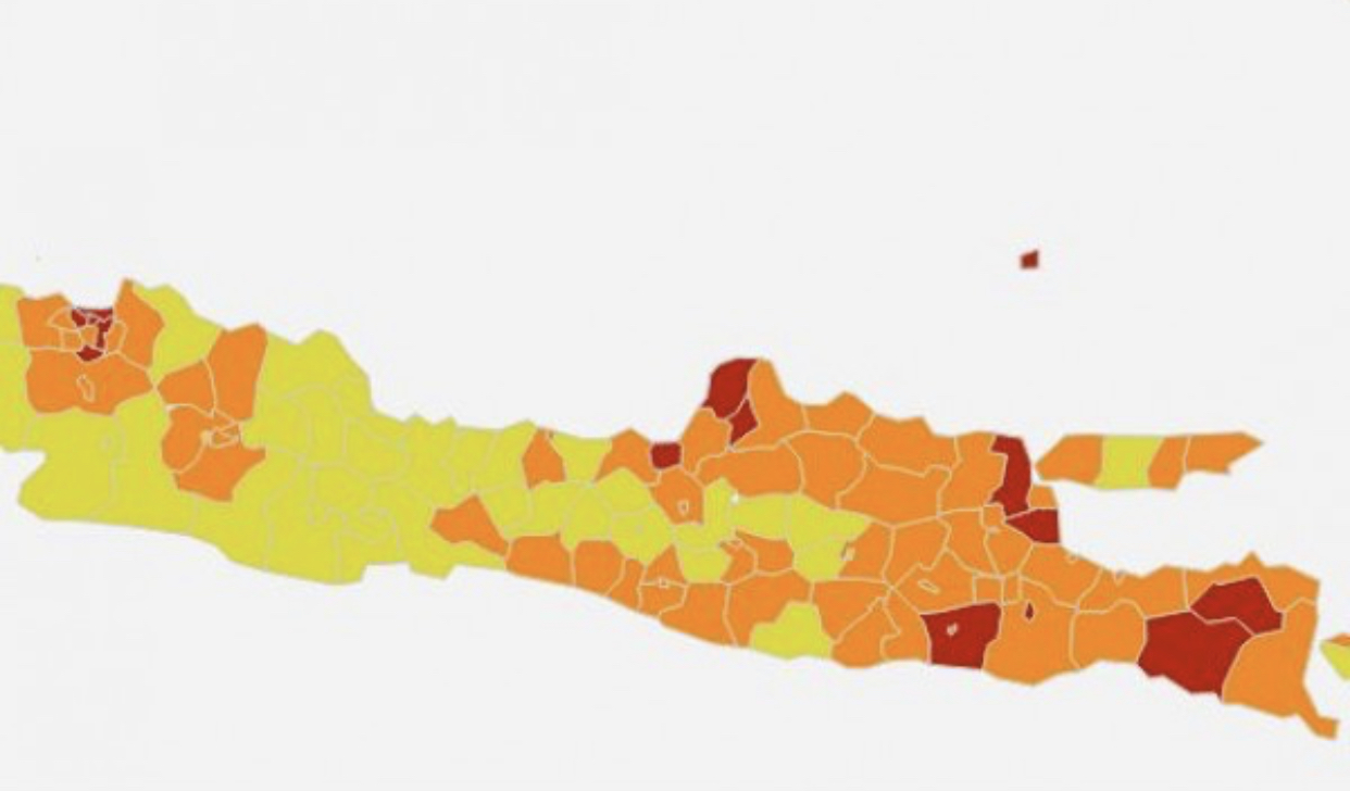 Surabaya masuk dalam zona orange dalam peta risiko dari Satgas Covid-19 Pusat. (Tangkapan layar)