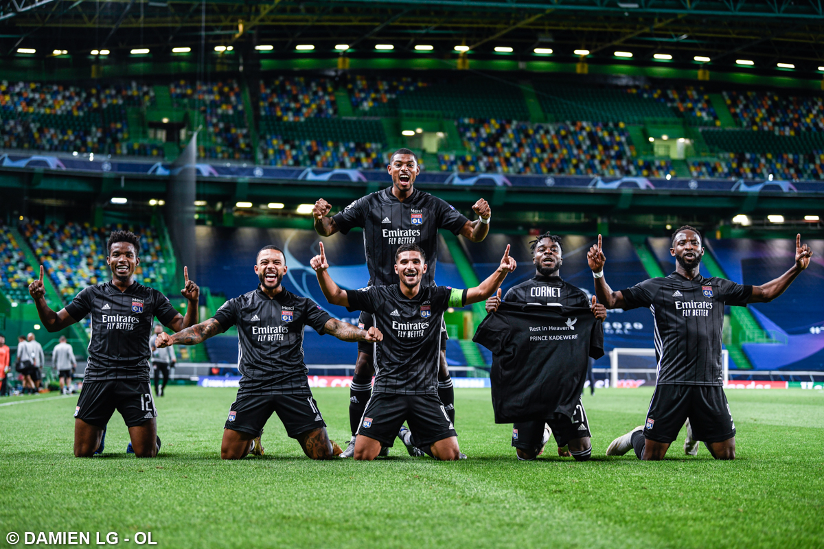 Para pemain Lyon merayakan kemenangan mereka atas Mana City di perempat final Liga Champions 2019/2020. (Foto: Twitter/@OL) 