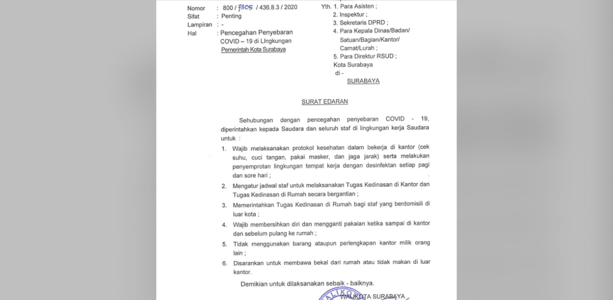 SE yang dikeluarkan Wali Kota Surabaya, Tri Rismaharini, terkait pemcegahan penularan Covid-19 di kantor ASN 