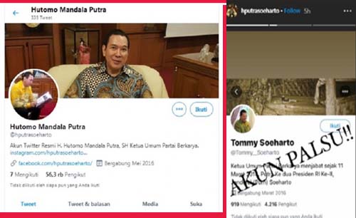 Akun Tommy Soeharto palsu di Twitter (kanan) dan akun Instagram Tommy Soeharto (kiri). (Foto:Antara)