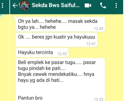 Tangkapan layar dari chat WhatsApp diduga Sekretaris Daerah Bondowoso Syaifullah dengan seorang dokter gigi disebut bernama Hayu. (Foto: WhatsApp)