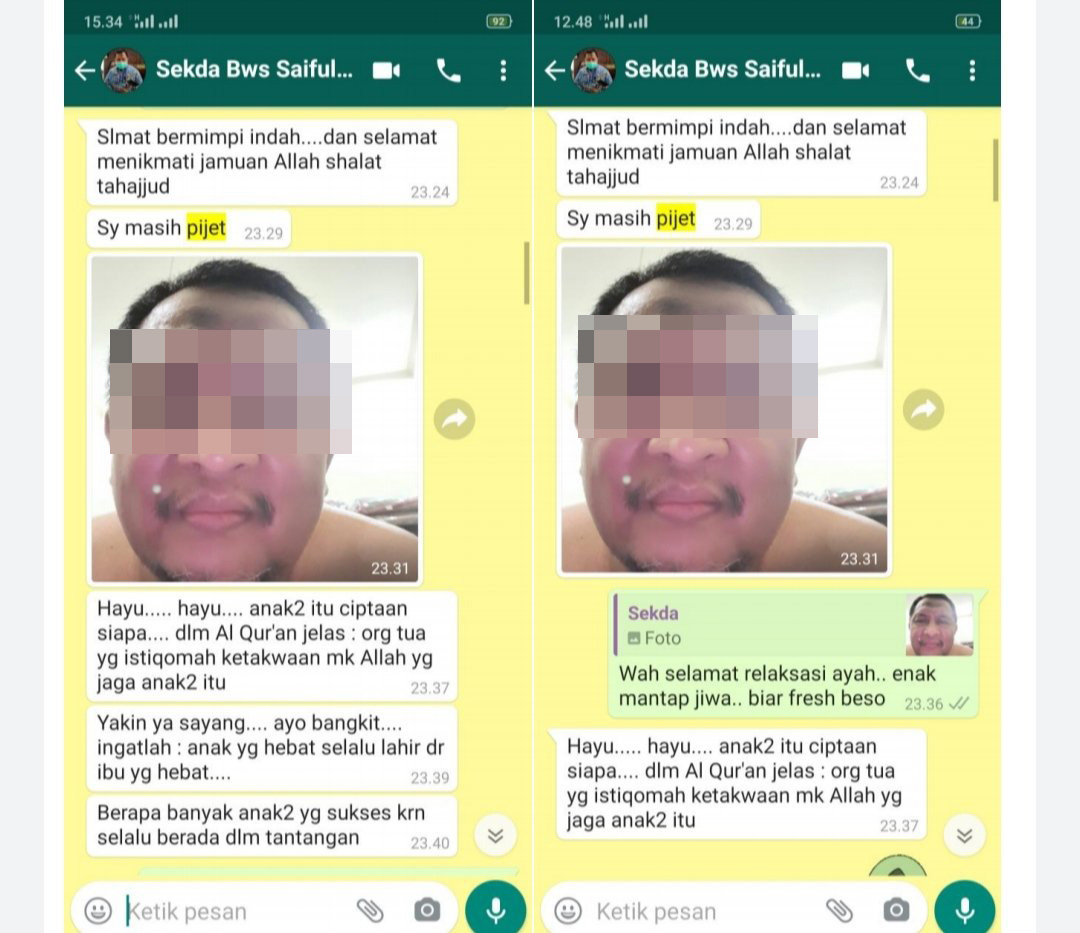 Salah satu tangkapan layar diduga berisi chat mesum antara Sekretaris Daerah (Sekda) Bondowoso, Jawa Timur, Syaifullah dengan salah satu dokter bernama Hayu. (Foto: WhatsApp)