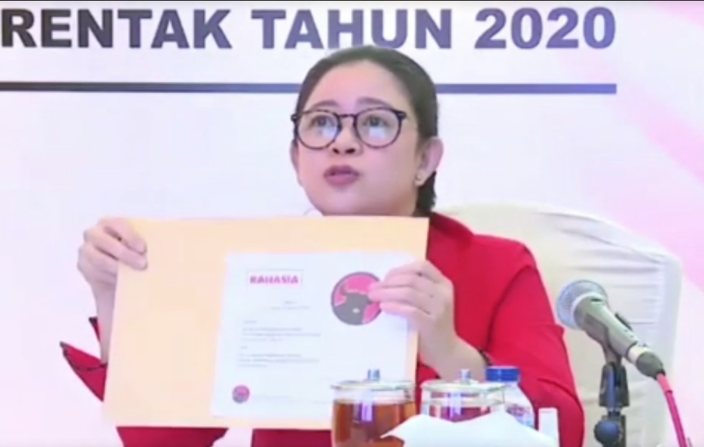 Ketua DPP PDI Perjuangan, Puan Maharani saat menyampaikan rekomendasi terkait Pilwali Surabaya secara virtual, Jumat 28 Agustus 2020. (Foto: Tangkapan Layar)