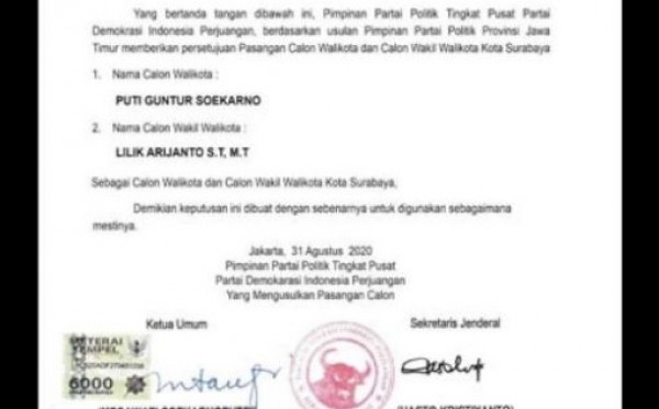 Tangkapan layar SK DPP PDIP yang menunjuk Puti sebagai calon Walikota Surabaya. Surat Keputusan ini ternyata hoaks. (Foto: Istimewa)