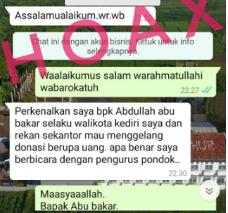 Tangkapan layar penipuan lewat WhatsApp yang mengatasnamakan Walikota Kediri. (Foto: Istimewa)li Kota Kediri (foto istimewa)