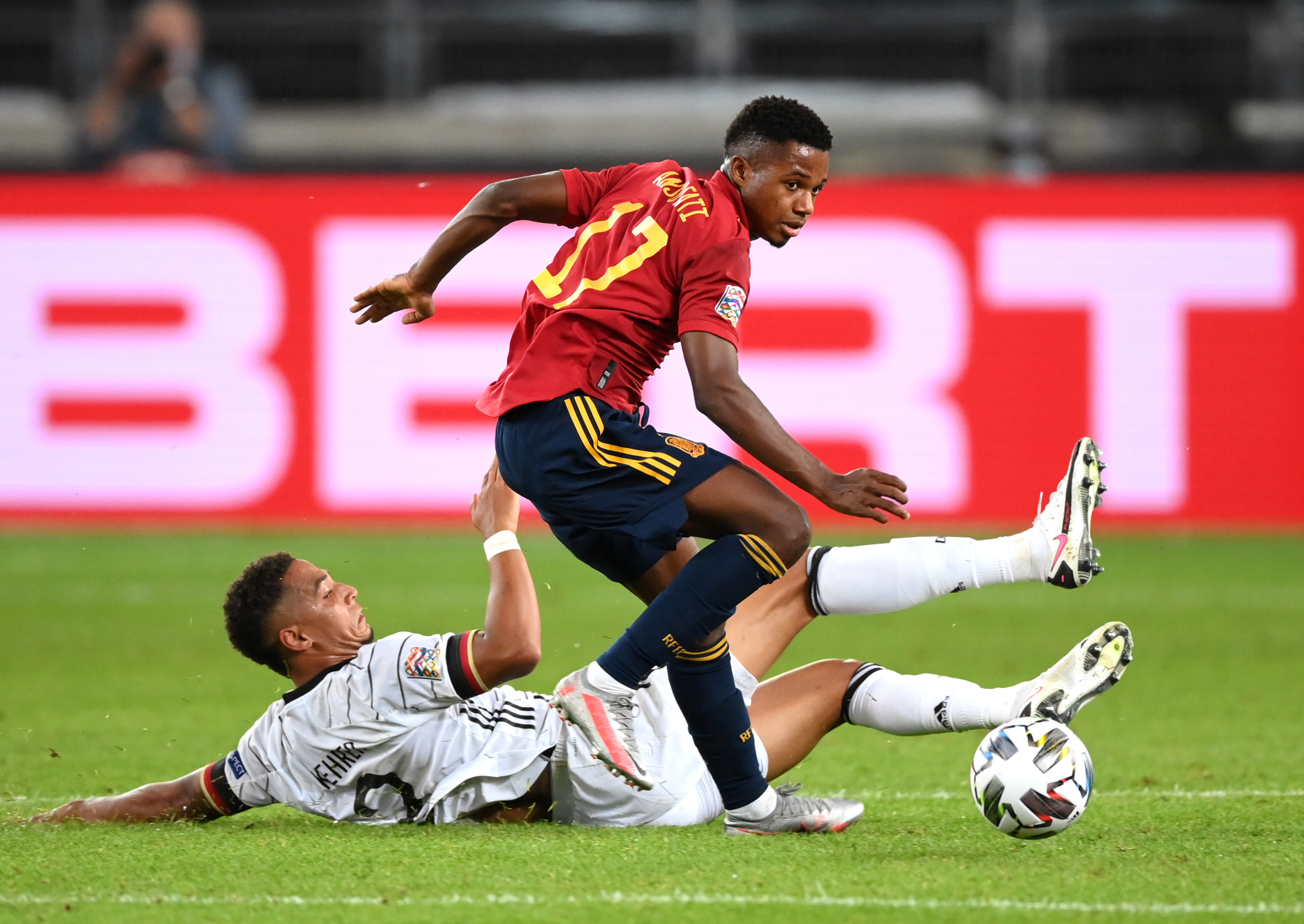 Ansu Fati saat membela Timnas Spanyol di UEFA Nations League Divisi A melawan Timnas Jerman. (Foto: AFP)