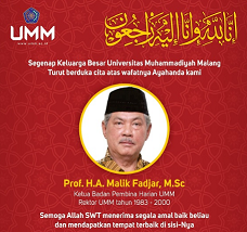 Ucapan duka cita kepada mantan Menag, Mendikbud, dan Menko Kesra Malik Fadjar dari UMM. (Foto: Media Sosial UMM)