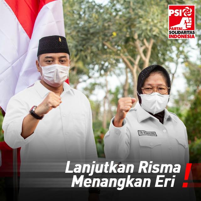 Slogan PSI di Pilwali. Lanjutkan Risma, Menangkan Eri. (Foto: PSI Surabaya/ngopibareng.id)