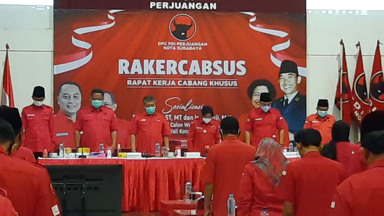 Rakercabsus PDIP Surabaya digelar dalam rangka memenangkan pasangan calon walikota-wakil walikota, Eri Cahyadi-Armuji. (Foto: Alief Sambogo/Ngopibareng.id)
