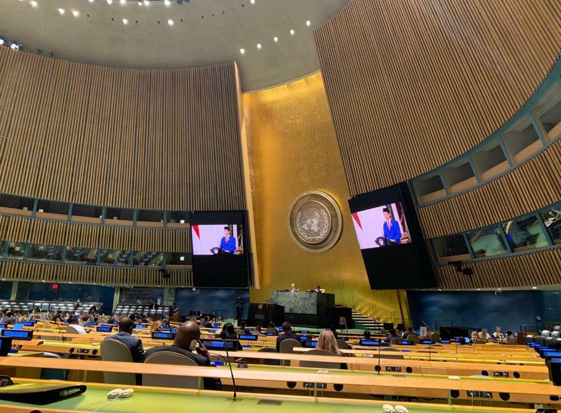 Presiden Joko Widodo membacakan pidatonya secara virtual di Majelis Sidang Umum PBB, 23 September 2020. (Istimewa)