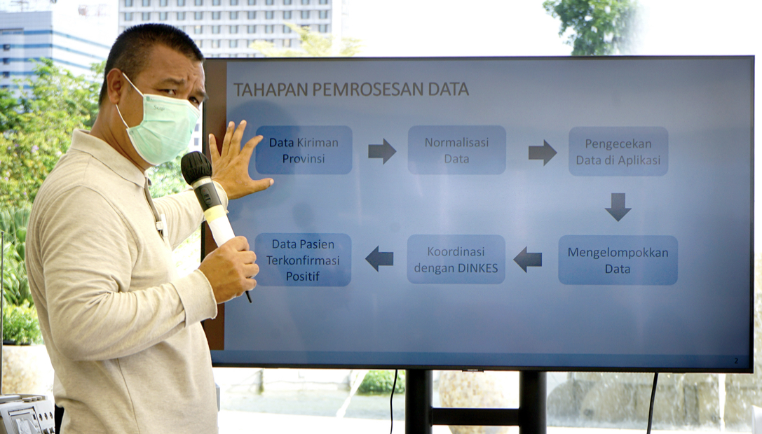 Koordinator Protokol Komunikasi Gugus Tugas Percepatan Penanganan Covid-19 Surabaya M. Fikser saat menunjukkan aplikasi yang dipakai dalam menangani pandemi covid-19. (Foto: Dok. Pemkot Surabaya)