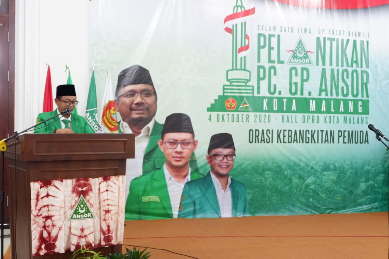 Ketua PC GP Ansor Kota Malang, Ahmad Farih Sulaiman, saat acara pelantikan pengurus GP Ansor Kota Malang. (Foto: Lalu Theo/Ngopibareng.id)