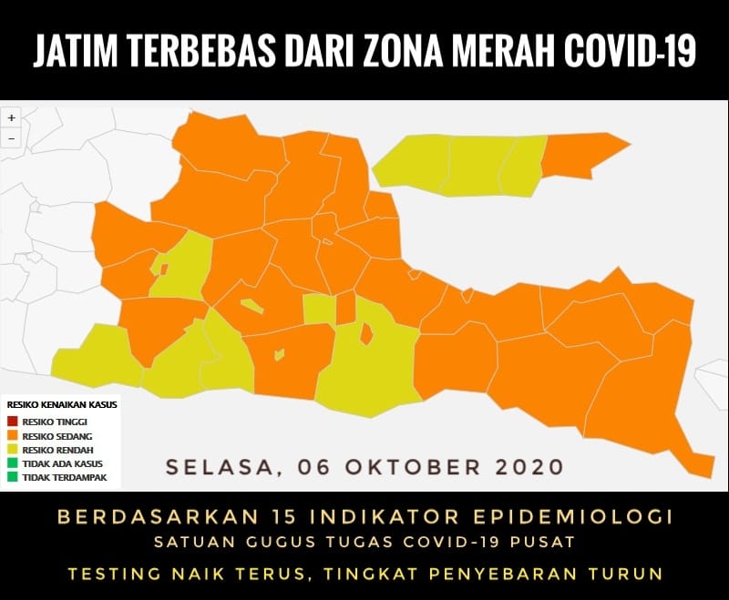 Ilustrasi peta Jawa Timur terbebas dari zona merah Covid-19. (Grafis: infocovid19.jatimprov.go.id)