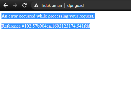 Tangkapan layar situs resmi DPR-RI di alamat http://www.dpr.go.id/ yang tak bisa diakses.