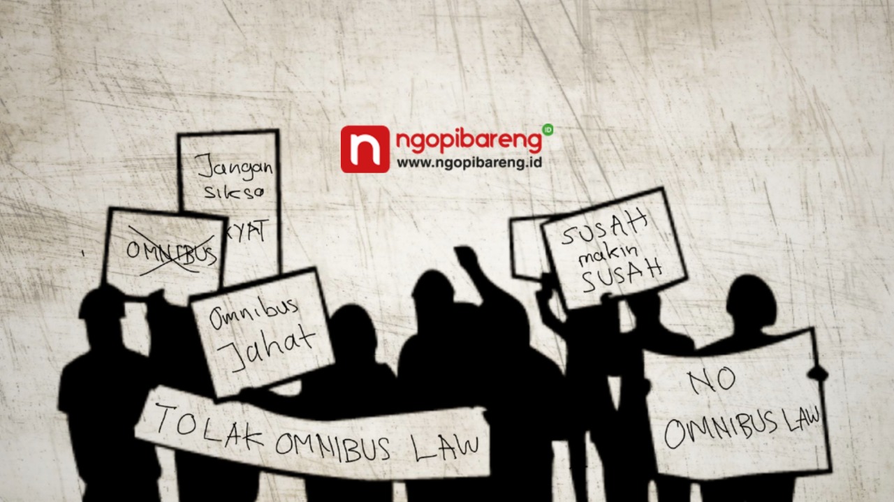Ilustrasi aksi protes pengesahan UU Cipta Kerja yang juga dikenal UU Omnibus Law. (Grafis: Fa Vidhi/Ngopibareng.id)