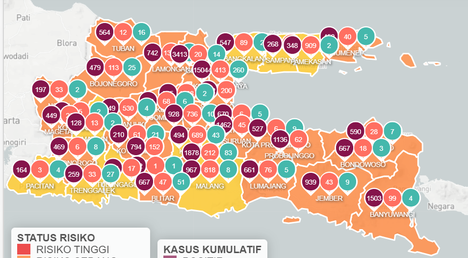 Jawa Timur laporkan 296 kasus baru, 22 meninggal, dan nihil zona merah. (Tangkapan layar)