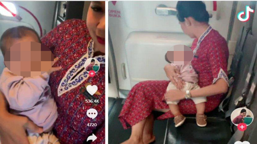 Evi Rahmadani, seorang pramugari maskapai penerbangan Indonesia, Lion Air, menggendong dan menenangkan bayi penumpang yang rewel. (Foto: Dok. Pribadi)