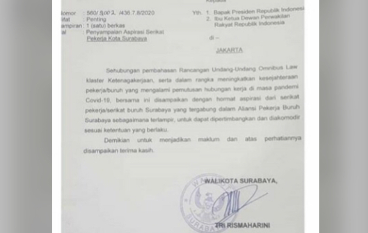Surat Walikota Surabaya, Tri Rismaharini yang dikirimkan kepada Presiden Joko Widodo, terkait aspirasi buruh mengenai Omnibus Law (Foto: Istimewa)