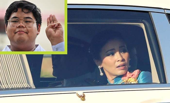 Ratu Suthida dari dalam mobil dengan mimik ketakutan melintas di tengah pendemo di Thailand, hari Rabu lalu. Salah satu tokoh pendemo, Bunkueanun Paothong, ditangkap dan dituduh hendak menyerang ratu. (Foto:Reuters/Ngopibareng) 
