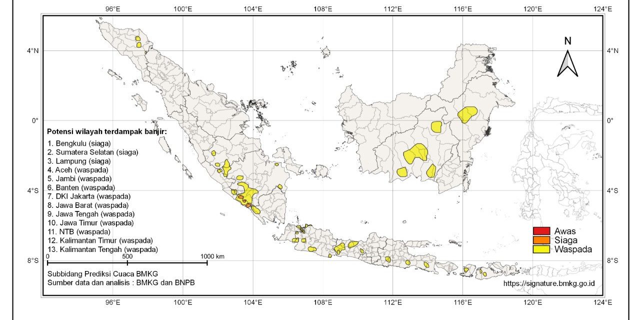 Potensi hujan lebat fi tiga provinsi di Indonesia. (Foto: BNPB)