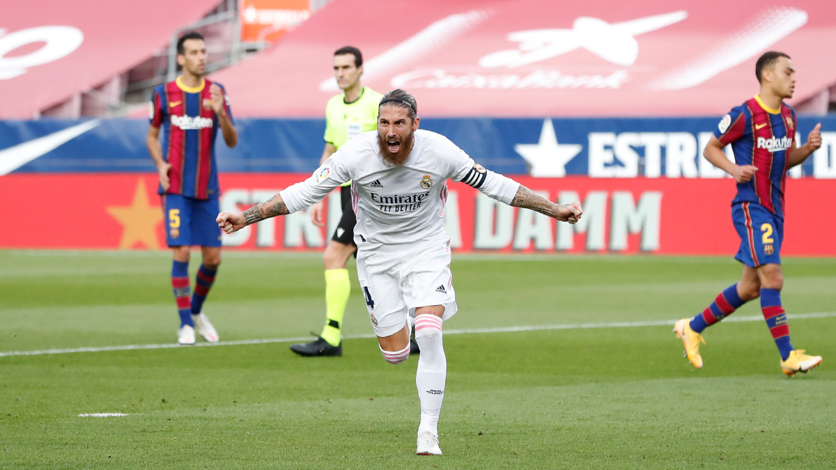 Ekspresi kegembiraan Sergio Ramos usai mencetak gol ke gawang Barcelona. (Foto: Twitter/@realmadrid) 