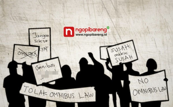 Ilustrasi massa demo tolak Omnibus Law. (Grafis: Fa Vidhi/Ngopibareng.id)