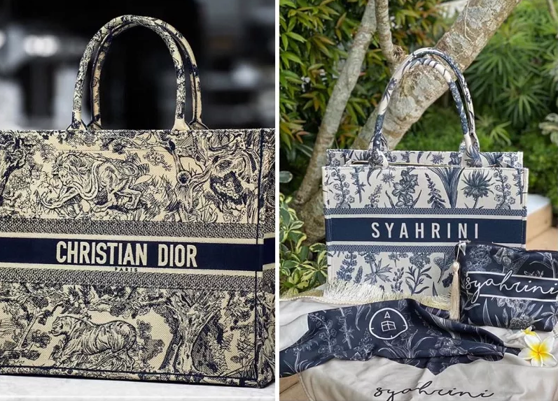 Produk Christian Dior di koleksi spring/summer 2018 'Dior Book Tote' (kiri) vs tas produksi Syahrini. (Foto: Kolase)