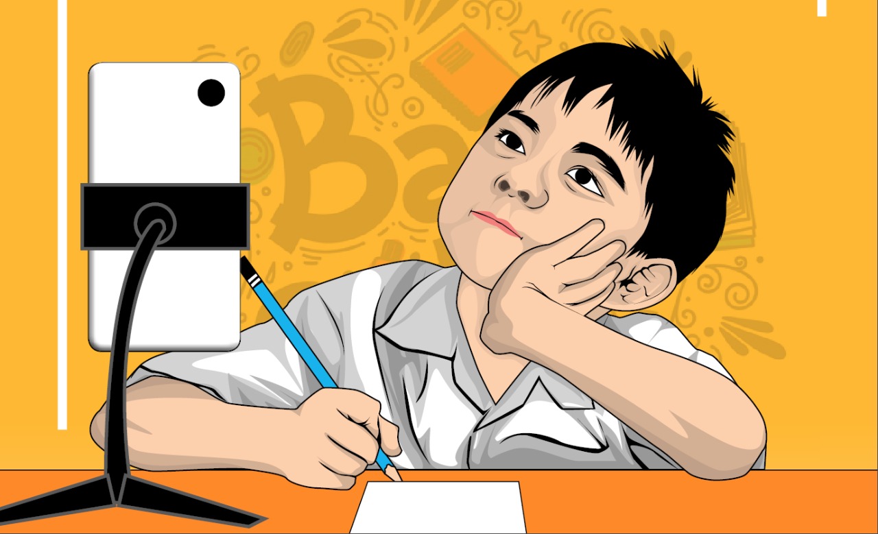 Ilustrasi tips agar anak fokus selama belajar online di rumah. (Grafis: Fa Vidhi/Ngopibareng.id)