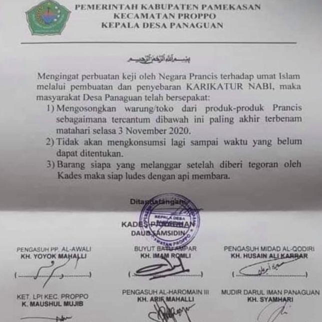 Surat imbauan boikot produk Prancis, diduga ditandatangani dan stampel Kades Pamekasan, Madura. (Foto: Istimewa)