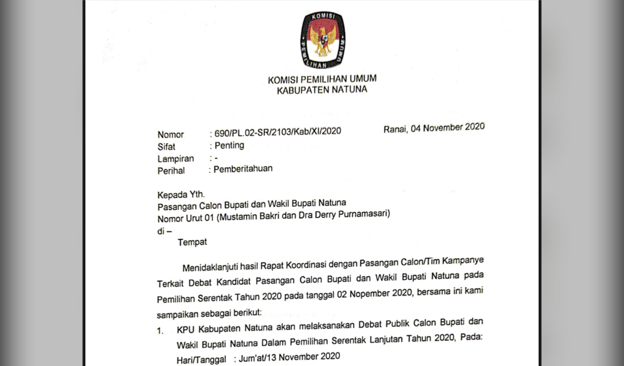 Surat KPU Kabupaten Natuna yang berisi pelaksanaan debat publik di Surabaya (Foto: Istimewa)