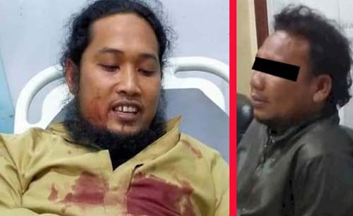 Ustadz Muhammad Zaid Maulana (kiri), ditikam MA, pecatan polisi yang sakit hati. (Foto:Vonis)