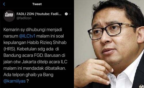 Fadli Zon dan cuitannya tentang dibatalkannya acara ILC TV-One dengan topik kepulangan Habib Rizieq Shihab. (Ngopibareng)