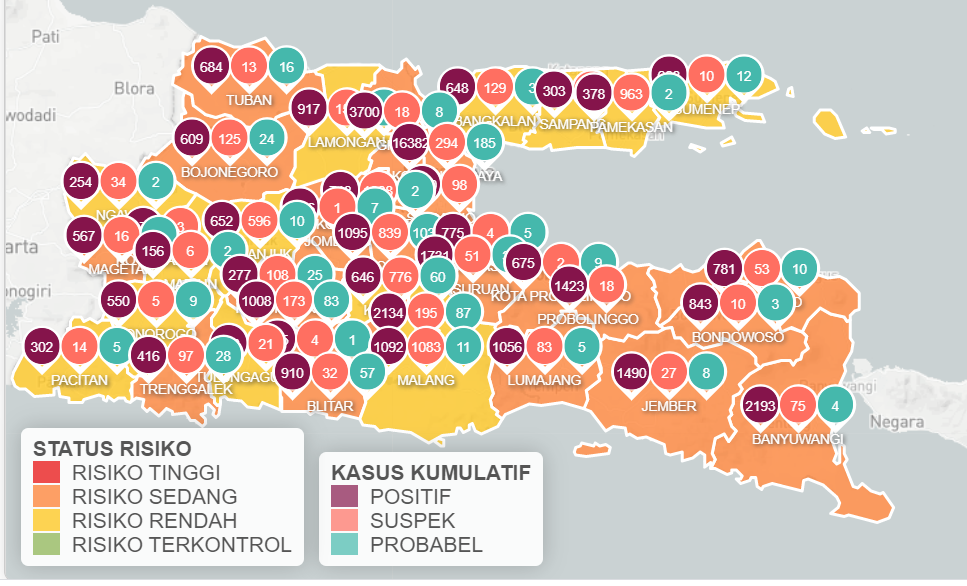 Tangkapan layar zona risiko di wilayah Jawa Timur. (Info Covid-19 Jawa Timur)