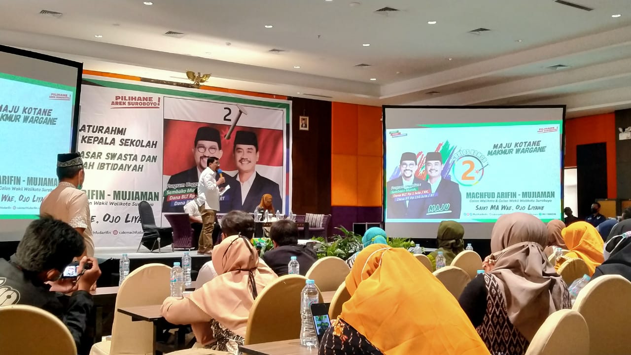 Cawali Surabaya, Machfud Arifin ketika memaparkan program kepada para guru swasta dan madrasah ibtidaiyah di Hotel Mercure, Surabaya, Jumat 13 November 2020. (Foto: Fariz Yarbo/Ngopibareng.id)